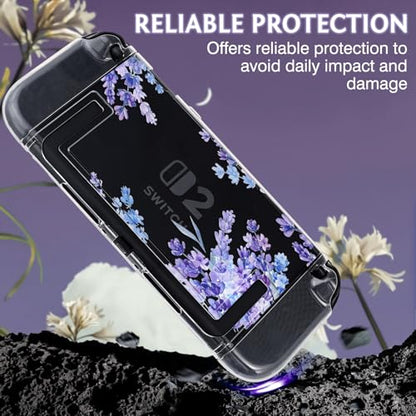 DLseego Protective Case Flower Floral Clear Switch 2 (2025), Detachable Joy-Handle Protective Case 2-Piece Split Full Wrap PC Hard Shell Anti-Scratch All-Round Protection Cover, Lavender, Purple - color: Purple 2
