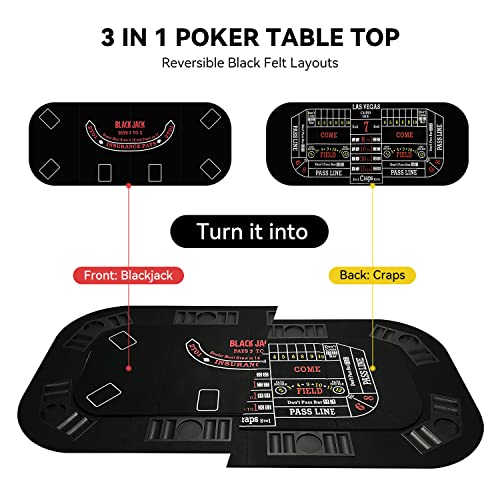Foldable Poker Table Top with Cup Holders & Interchangeable Game Mat Topper | 3-in-1 Poker Table with Reversible Black Felt for Texas Hold'em Poker, Blackjack, Craps for 8 Players Home Party, Game Night - color: White