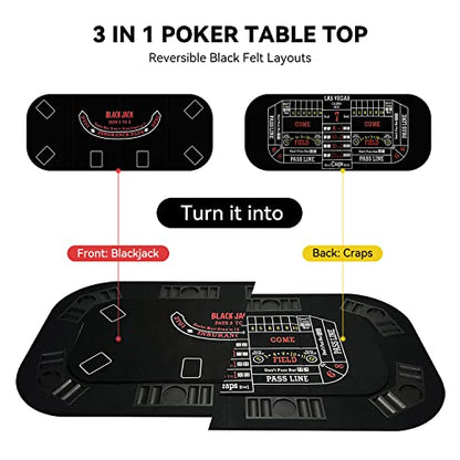 Foldable Poker Table Top with Cup Holders & Interchangeable Game Mat Topper | 3-in-1 Poker Table with Reversible Black Felt for Texas Hold'em Poker, Blackjack, Craps for 8 Players Home Party, Game Night - color: White