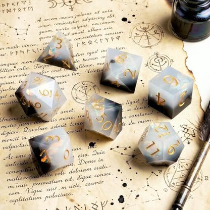 Haxtec Sharp Edge Dice Set DND Dice Black and White Resin Dice Iridecent Mylar Galaxy D&D Dice for RPG Role Playing Compatible with Dungeons and Dragons Gift - color: Black White