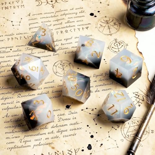 Haxtec Sharp Edge DND Dice Set, Iridecent Resin Polyhedral RPG Dice | Black White Galaxy D&D for Table Games, Compatible with Dungeons and Dragons, Handmade 7-Die with Metal Case, MTG Gifts - color: Black White
