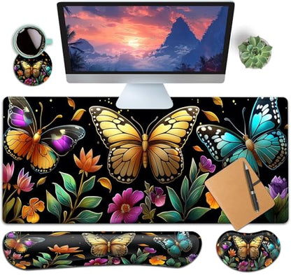 Large Gaming Mouse Pad+ Keyboard Wrist Rest Set, Ergonomics Memory Foam Mouse Mat Wrist Rest Support, Waterproof Extended Mousepad 31.5x11.8in, Colorful Butterflies and Flowers Desk Pad - color: Yvb-mousepad-9-f-170