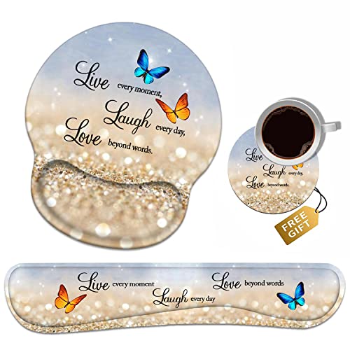 Keyboard Wrist Rest + Mouse Pad Wrist Support Set with Coasters, Non-Slip PU Base Ergonomic Mousepad for Home Office Working Studying Easy Typing & Pain Relief, Glitter Quote Live Laugh Love - color: Glitter Quote Live Laugh Love