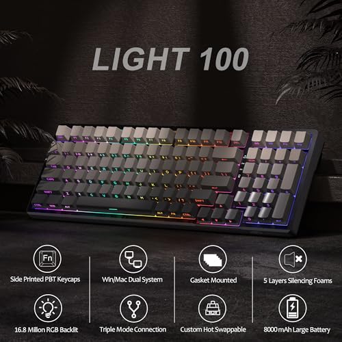 MageGee LIGHT100 Wireless Creamy Keyboard, Gasket Structure Hot Swappable, 2.4G/USB-C/BT5.0 RGB Backlit Mechanical Gaming Keyboard for Win/Mac/PC, 8000mAh Battery, Side Printed PBT Keycap, Black - color: Black/Blue Whale Switch