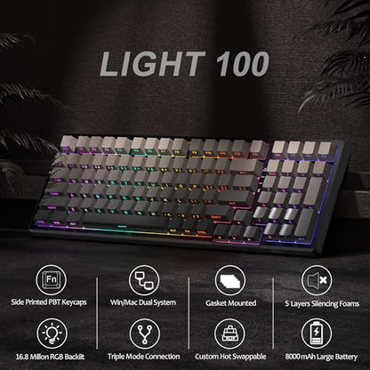 MageGee LIGHT100 Wireless Creamy Keyboard, Gasket Structure Hot Swappable, 2.4G/USB-C/BT5.0 RGB Backlit Mechanical Gaming Keyboard for Win/Mac/PC, 8000mAh Battery, Side Printed PBT Keycap, Black - color: Black/Blue Whale Switch