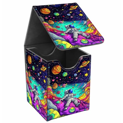 Card Deck Box, Card Storage Box Fits 100+ Single Sleeved Cards, Large Capacity PU Leather Card Storage Box with Strong Magnet for Magic Commander TCG/CCG, Floating Planets Astronauts - color: Floating Planets Astronauts