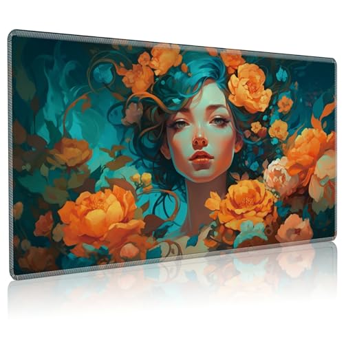 Playmat for MTG, 24 x 14 inches Game Play Mat for MTG TCG and Other Card Games, Trading Card Game Play Mat Desk Mats with Stitched Edges Non-Slip Base, Orange Flowers Girl - color: Orange Flowers Girl, size: Regular
