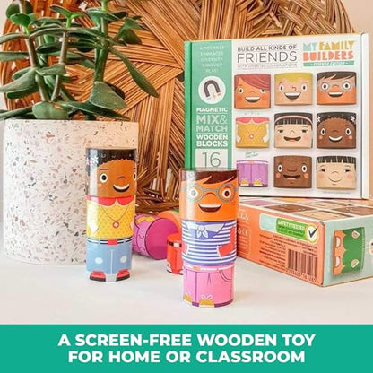 16-Piece Magnetic Wooden Friends Set, Diversity Dolls | Diversity toys for preschool and child care, multicultural friends in four skin tones, mix and match heads, bodies and legs - size: 16 Piece Set