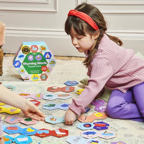 eeBoo Hexagon Puzzle Pairs - Rhyming Words, 33 Self-Correcting Pairs, Match Sounds to Images, Pre-Reading Activity for Preschool Kids Ages 3 and up - style: Rhyming Words
