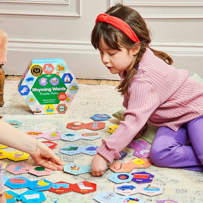 eeBoo Hexagon Puzzle Pairs - Rhyming Words, 33 Self-Correcting Pairs, Match Sounds to Images, Pre-Reading Activity for Preschool Kids Ages 3 and up - style: Rhyming Words
