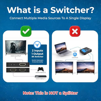 OREI 8K 2-Port HDMI 2.1 Switch, 8K@60Hz, 4K@120Hz, Auto and Manual Switch | hdmi switch 2 in 1 out, hdmi 2.1 switch 4k 120hz, 48Gbps, HDR10, Dolby Vision, PS5/Xbox, IR Remote - color: Jet Black