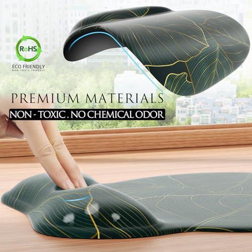 MROCO Ergonomic Mouse Pad with Gel Wrist Rest, 9.4 x 8.1 in, Green Leaves | Ergonomic Shape Design, Multiple Pattern Options, Gel Wrist Comfort, Smooth Lycra Surface, Non-Slip PU Base - color: Green Leaves