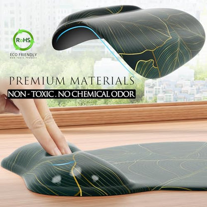 MROCO Ergonomic Mouse Pad with Gel Wrist Rest, 9.4 x 8.1 in, Green Leaves | Ergonomic Shape Design, Multiple Pattern Options, Gel Wrist Comfort, Smooth Lycra Surface, Non-Slip PU Base - color: Green Leaves