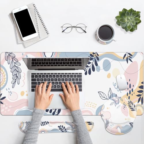 Arttown Keyboard Mouse Pad Set, 4 in 1 Desk Mat Set Tropical Leaves | Spring Pink Blue Large Mousepad+Keyboard Wrist Rest+Mouse Wrist Rest+Coaster Ergonomic Design for Home Office Computer - color: Leaves