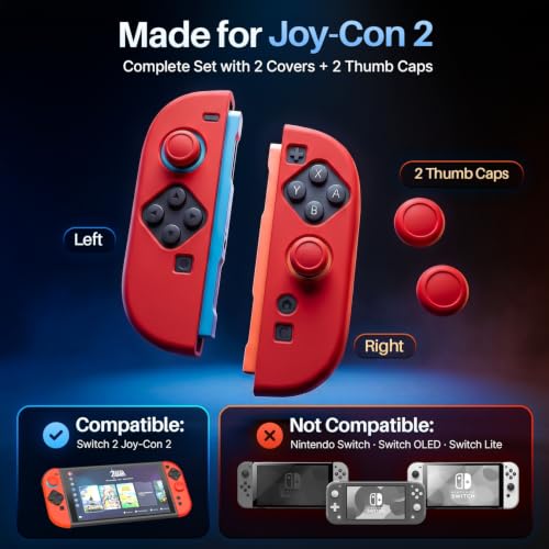 TNP JoyCon Cover for Nintendo Switch 2, Silicone Controller Case, Red | 2-Piece Anti-Slip Skin Set for Left and Right Joy-Con 2 Controllers with Matching Thumb Grip Caps; Controllers Not Included - color: Red