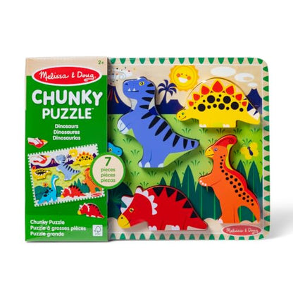 Melissa & Doug Dinosaur Wooden Chunky Puzzle (7 pcs) - FSC Certified | 7 Piece Set, Wooden Dinosaur Play Figures, Puzzle Board, Motor Skill Buiilding, Matching Play, Toddler Toys for Kids, Ages 2+ - size: 11.95 x 8.95 x 1.0, style: Dinosaur