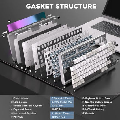 YUNZII AL80 75% Wireless Aluminum Mechanical Keyboard(Silver,Gateron Zero) | QMK/VIA, Smart LCD Display and Knob, Hot Swap, Gasket Structure, BT/2.4G/USB-C, RGB Keyboard for Gaming/Win/Mac - color: Silver, size: Gateron Zero Switch