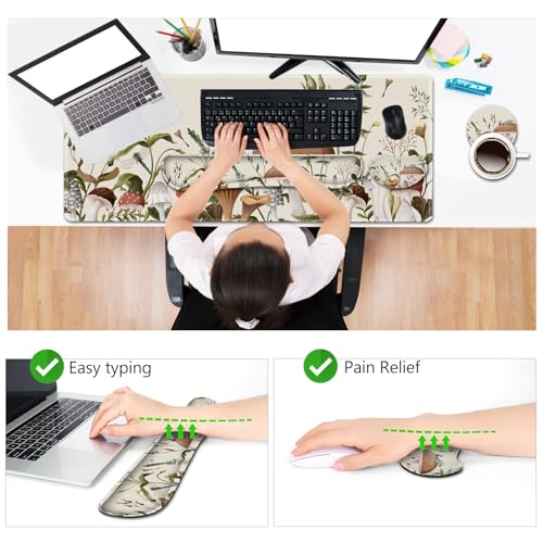 AIMSA Large Gaming Mouse Pad Set, Keyboard Wrist Rest Support+ Extended Mousepad+ Mouse Wrist Cushion+Coaster, Ergonomic Multifunctional Desk Mat 35x15.7in, Mushroom Plant Garden - color: Mushroom Plant Garden