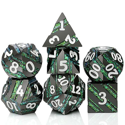 Stripe D&D Dice,DNDND Metallic Glitter Stripes Dice with Gift Metal Box for Dungeons and Dragons Tabletop Game (Green Stripes) - color: Stripe Green and Black