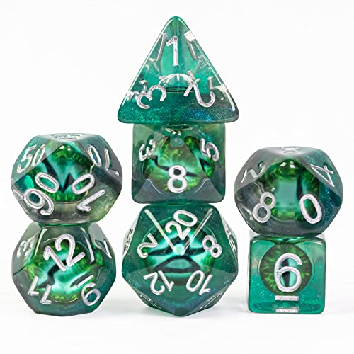 Cusdie 7-Die DND Dice, Polyhedral Dice Set Filled with Eyeball, for Role Playing Game D&D Dice(Green Eyeball) - color: Green Eyeball