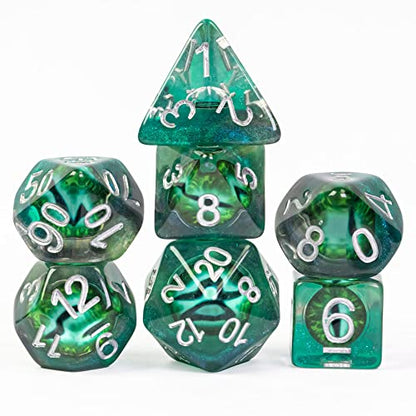 Cusdie 7-Die DND Dice, Polyhedral Dice Set Filled with Eyeball, for Role Playing Game D&D Dice(Green Eyeball) - color: Green Eyeball