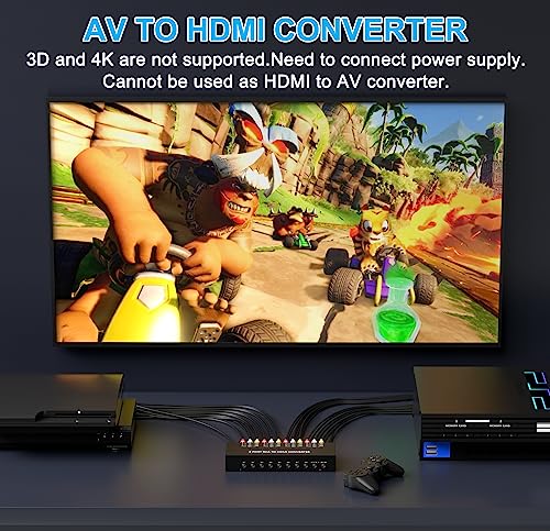 LVY 8 Port RCA to HDMI Converter - 8 AV Inputs, 1 HDMI Output - 720/1080P Support, Compatible with WII, N64, PS2, PS3, VHS, VCR, DVD Players - style: 8AV to HDMI Converter