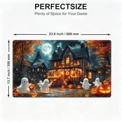 for MTG Playmat, Custom Trading Card Game Mat 23.6 x 13.7 in | Ghostly Pumpkin House Premium Non-Slip Rubber Base, Water-Resistant & Stitched Edges, Personalized High-Definition Art - color: Ghostly Pumpkin House, size: 24" x 14" Regular