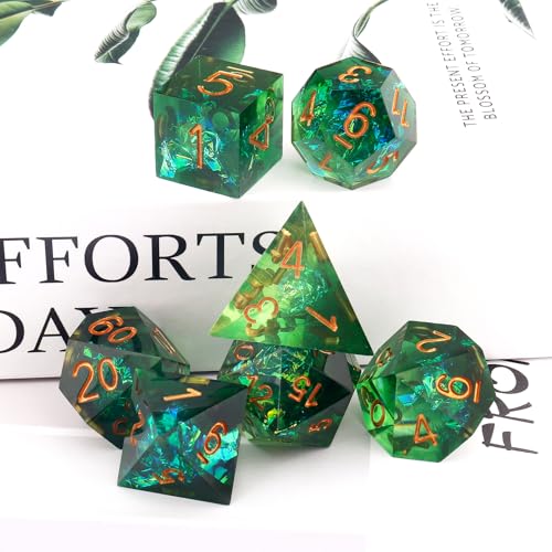 Haxtec Sharp Edge DND Dice Set, Holographic Resin Polyhedral RPG Dice | Green D&D Dice for Role Playing Games, Compatible with Dungeons and Dragons, Handmade 7-Die with Metal Case, TTRPG Gifts - color: Green Gold