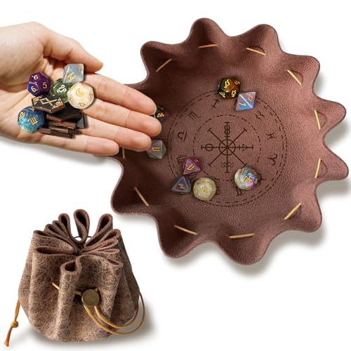 Leather Dice Tray with Zodiac Printed, 2-in-1 Collapsible Dice Rolling Tray & Drawstring Pouch, Portable Dice Bag for Tabletop Games, Rune Crystal Holder & Jewelry Storage - color: Pcd06y