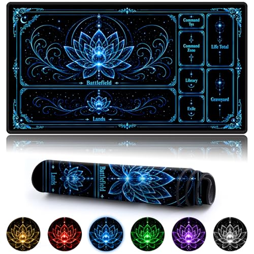 Playmat for MTG with Zones, 24 x 14 Inch Card Game Mat, Stitched Edges, Non Slip Rubber Base, 2mm Washable Play Mat with Storage Bag, Lotus Flower Design, Blue Color - color: Blue