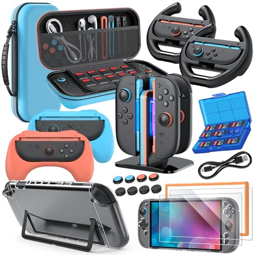 Switch 2 Accessories, Bundle Case for Nintendo Switch 2 (2025), MENEEA 20-IN-1 Kits: Carrying Case, Controller Charger Dock, Grips for Joy Con,Steering Wheels for Mario Kart,Protective Cover for Controller Console for Switch 2 (Blue) - color: Blue