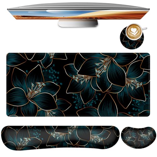 Keyboard Mouse Pad Set,Large Gaming Mouse Pad+Keyboard Wrist Rest+Wrist Rest+Coaster,Computer Desk pad Set Wrist Support for Office Desktop Laptop. (35.4" x 15.7") Extended Desk Mat (Floral) - color: Floral
