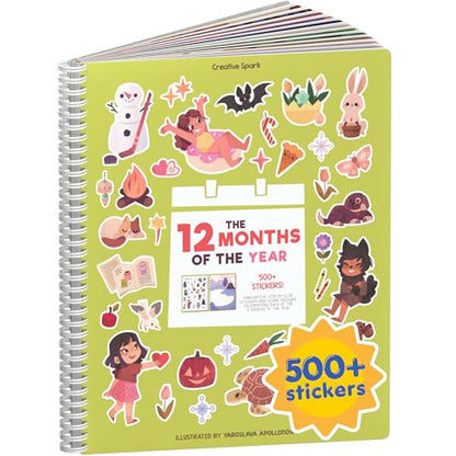 12 Months of the Year 500+ Sticker Book by Cupkin Fun Toddler Calendar Activity Coloring + Sticker Book, Road Trip Essentials, 12 Coloring Pages + Side by Side Scenes for Ages 2–8 Years - color: All Four Seasons