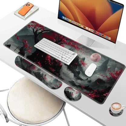 Desk Pad and Keyboard Wrist Rest,Janpense Large Mouse Pad + Keyboard Pad+Mouse Wrist Support, Non-Slip Desk Mat Protector for Office, Home 31.5×11.8 Inches Cherry Blossom - color: Cherry Blossom