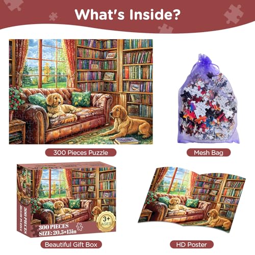 300 Pieces Jigsaw Puzzles for Adults, Golden Retriever Jigsaw Puzzles for Kids Adults Seniors, Adult Puzzles 300 Pieces, Challenging Puzzle Great Gift for Family Friends - style: Dog Book
