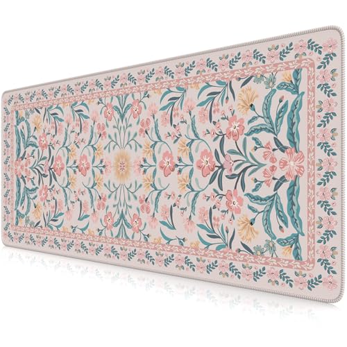 iCasso Aesthetic Floral Desk Mat, L Mouse Pads, Anti-Slip Mousepad with Stitched Edges, Waterproof Computer Pad 11.8"x31.5", Desk Accessories Office Decor for Women(Pink Floral) - color: A-pink Floral, size: 31.5L x 11.8W inches