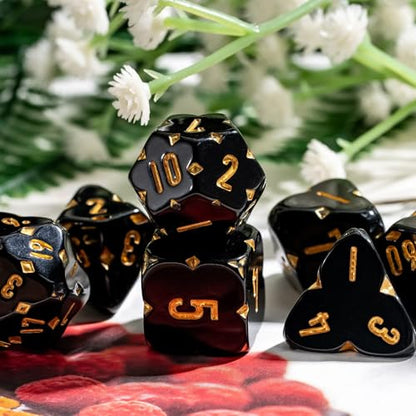 7Pcs Resin DND Dice Set Black D&D RPG Dice Set with Leather Bag for Role Playing Games and Other Tabletop Game - color: F-black