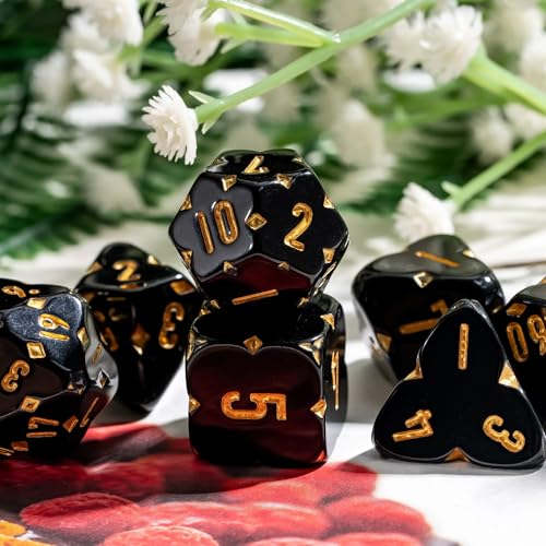 7PCS Resin DND Dice Set Black D&D RPG Dice Set for Tabletop Games | Leather Storage Bag, DM Gift, for Dungeons and Dragons Role Playing Games - color: F-black