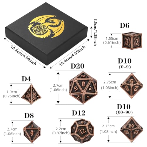 Metal Dice Set, Fly Dragon Pattern, 7pcs Polyhedral Metal DND Dice Set, DND Starter Set, D&D Gifts with Gift Box, Role Playing Board Games Accessories, Red Copper ﻿ ﻿ - color: Red Copper