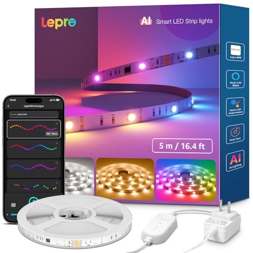 Lepro S2 AI Smart LED Strip Lights - 16.4ft RGBCW Light Strips with 2700K-5700K Tunable Warm White, Color Segment DIY, Personalized Al Lighting Designer, APP Control(No Remote), 2.4G Wi-Fi & Bluetooth - size: 16.4ft