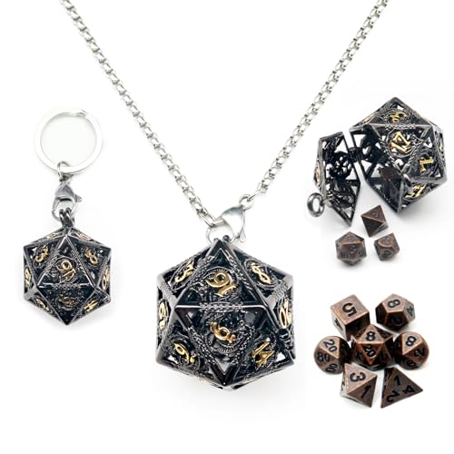 Haxtec Mini Metal DND Dice Set, D20 Hollow Cage Pendant Necklace & Keying | Portable 6mm Micro 7PCS D&D Dice, Cool Charm DND Accessories, For RPG Travel, Unique Gifts for Dungeons and Dragons Players - color: Black Nickel & Copper