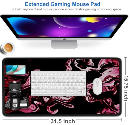 Gaming Mouse Pad, 31.5x15.7 inch Large Extended Computer Keyboard Mouse Mat, Water Resist Non-Slip Mousepad Rubber Base Long XXL Desk Mouse Pad for Gaming, Office & Home, Marble Red - color: Marble Red, size: 31.5L x 15.7W inches