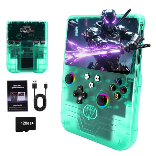 R60 Max Handheld Game Console, 128GB Retro Gaming Console with 40,000+ Games, 6-Inch IPS Screen, Linux System, RGB Joysticks, 6000mAh Rechargeable Portable Gaming System (Transparent Green) - color: Transparent Green