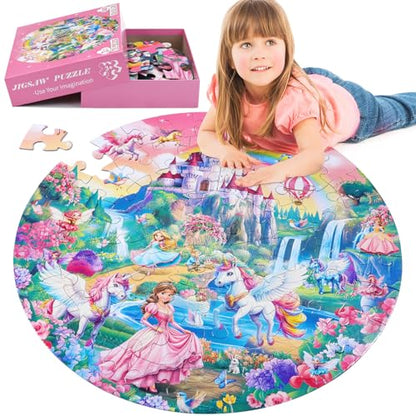 Civaner 70 Pieces Floor Puzzles Round Large Puzzles for Kids Ages 3-5 5-8 Jumbo Jigsaw Puzzle Educational Gifts for Toddlers Girls Boys Baby Shower Holiday Birthday(Unicorn) - style: Unicorn