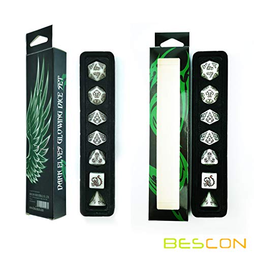 BESCON Dark Elves Glowing Dice Set (7 piece), Oversized Glow in Dark Carved Role Playing Games RPG Dice Set - color: Dark Elves