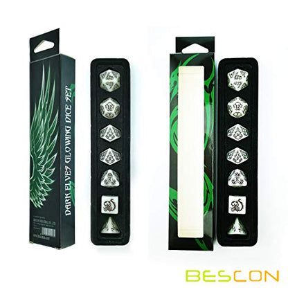 BESCON Dark Elves Glowing Dice Set (7 piece), Oversized Glow in Dark Carved Role Playing Games RPG Dice Set - color: Dark Elves