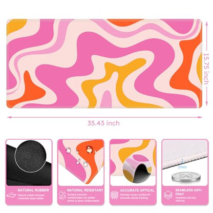 iCasso Large Mouse Pad (35.4x15.7 in), Keyboard Mouse Mat Desk Pad for Work | Desk Mat Gaming Mousepad with Stitched Edges, Game, Office, Home-Pink Topographic - color: Pink Topographic