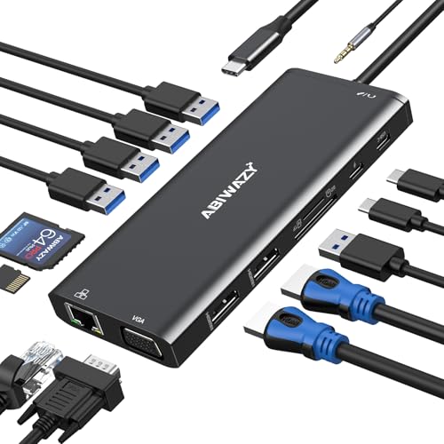 USB C Docking Station Dual Monitor Triple Display Hub Multiple Adapter | 14 in 1 USB C Dongle Dock with 2 HDMI 4K VGA 5 Port 100W PD Charger Ethernet SD/TF Audio for Dell/HP/Lenovo/Surface Laptop - color: Black