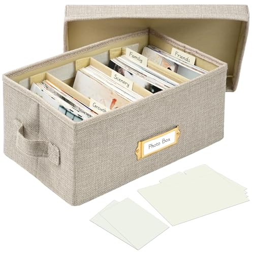 Linen Photo Storage Box with Adjustable Hook and Loop Dividers, Holds 850 4"x6" Photos, Collapsible Picture Organizer with Handle and Label Stickers, Memory Keepsake Box for Women, Beige - color: Beige, size: 11.22"x6.89"x5.12"