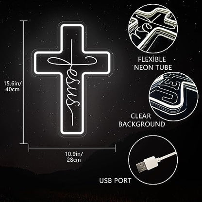 Jesus Cross Neon Signs, Dimmable LED Neon Lights for Wall Decor Bedroom Home Room Party Decor, Light Up Sign for Wedding Christmas Easter Celebrations New Year Gifts - style: Cross White